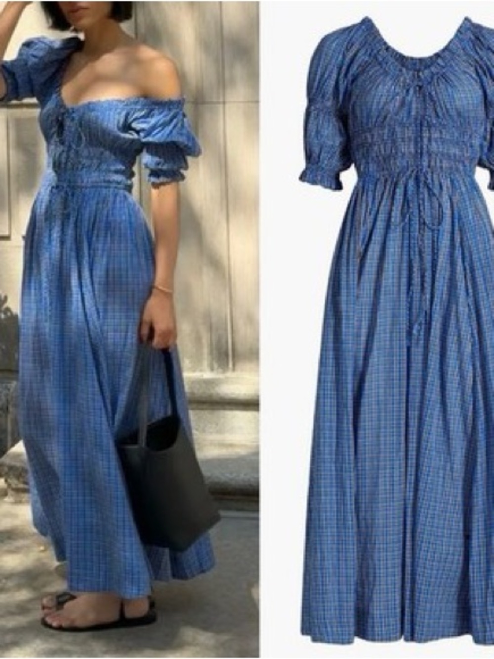 Doen Ischia Cotton Voile Smocked Midi Dress Cassis Check Blue Plaid - Picture 5 of 5